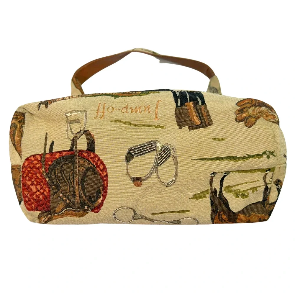 Signare Hobo Bag English Horse Riding Equestrian Print Tan Woven Tapestry Purse